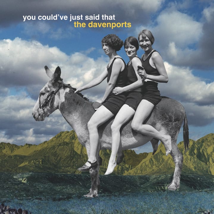 Three women sit on a donkey, depicted in black-and-white, overlaid on top of green and blue mountains. 